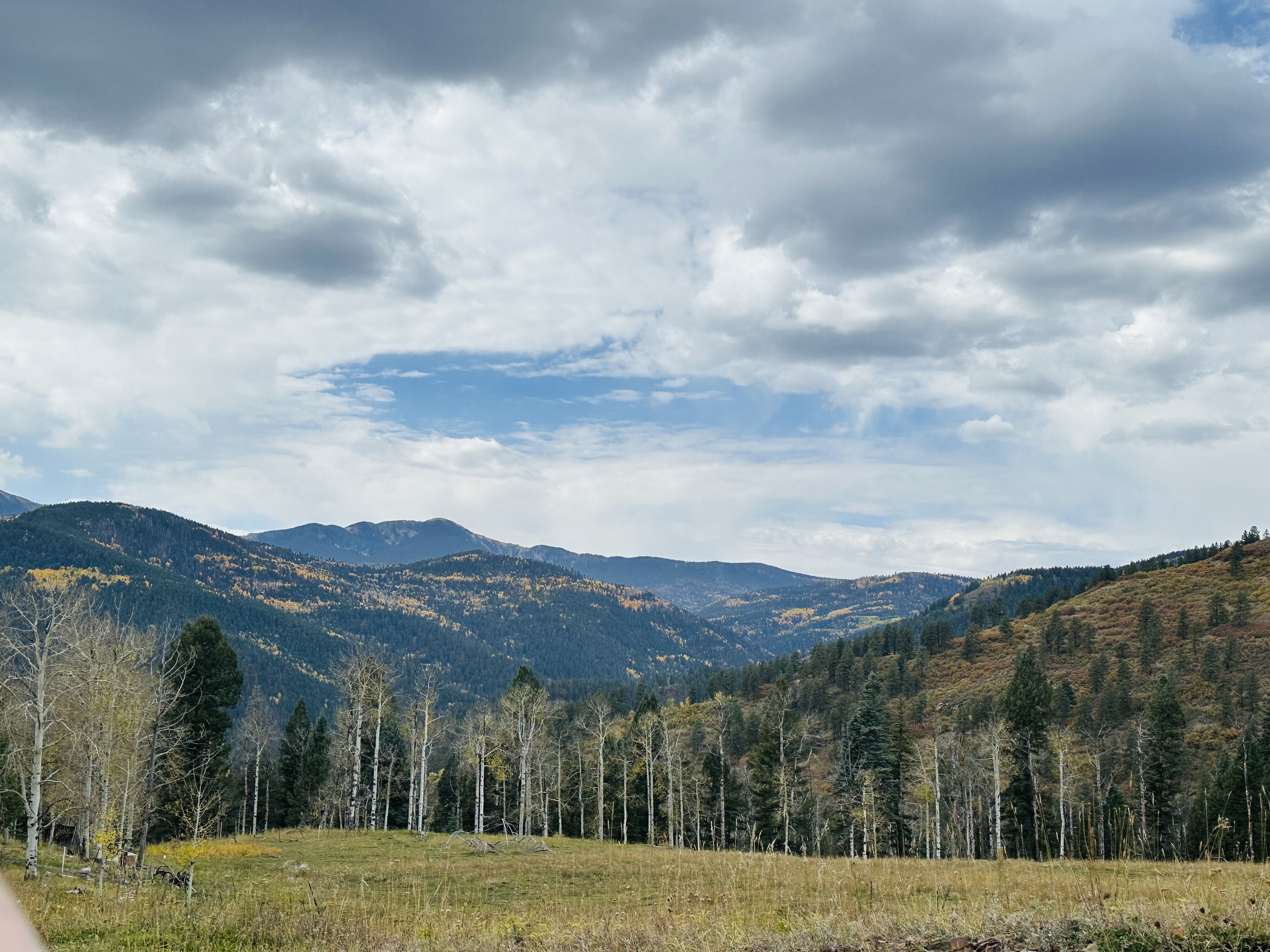 Wide mountain meadow with Sangre de Cristo mountains Pecos Wilderness fall