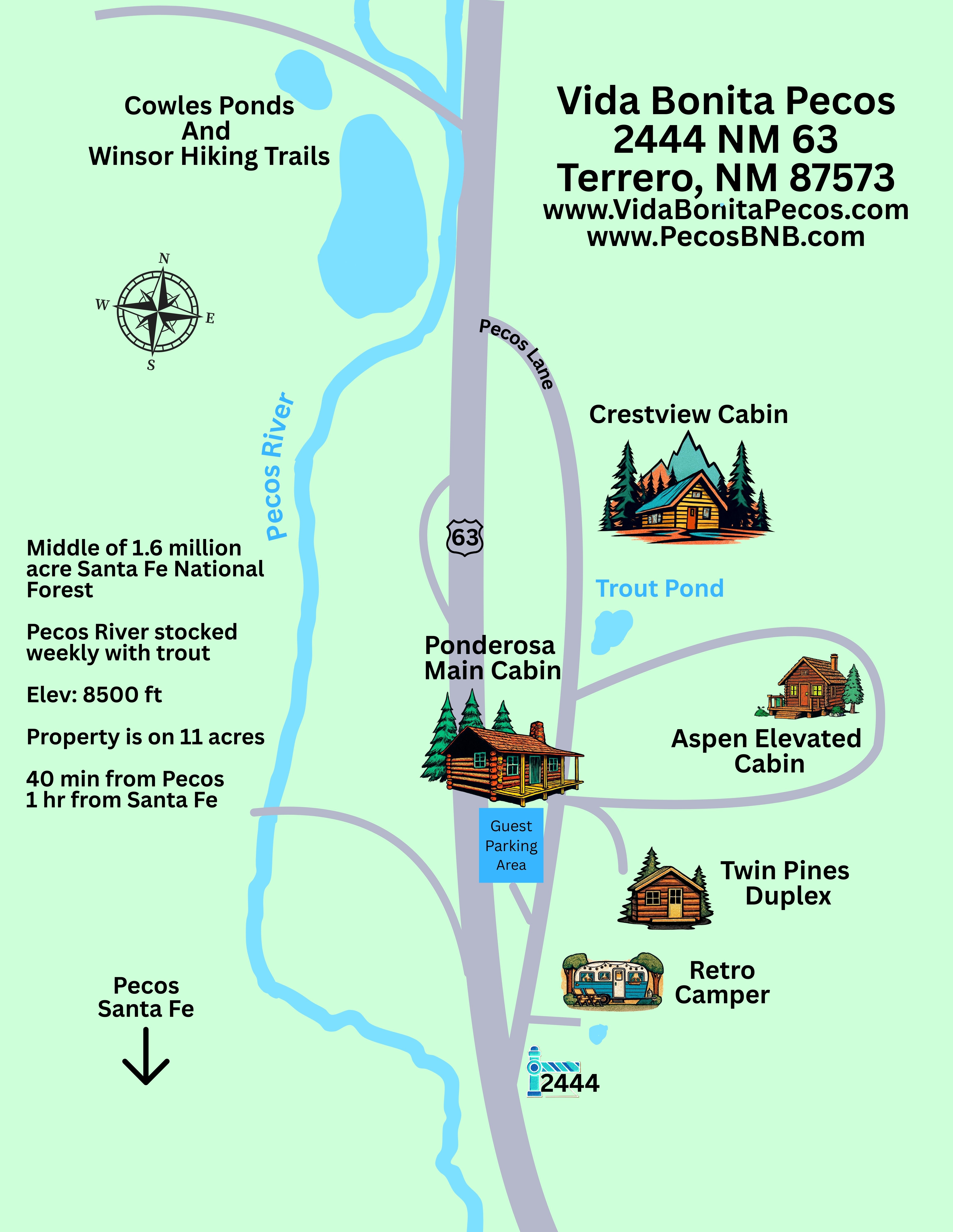 Vida Bonita Pecos Property Map — cabin locations, Pecos River, trout pond, and hiking trails