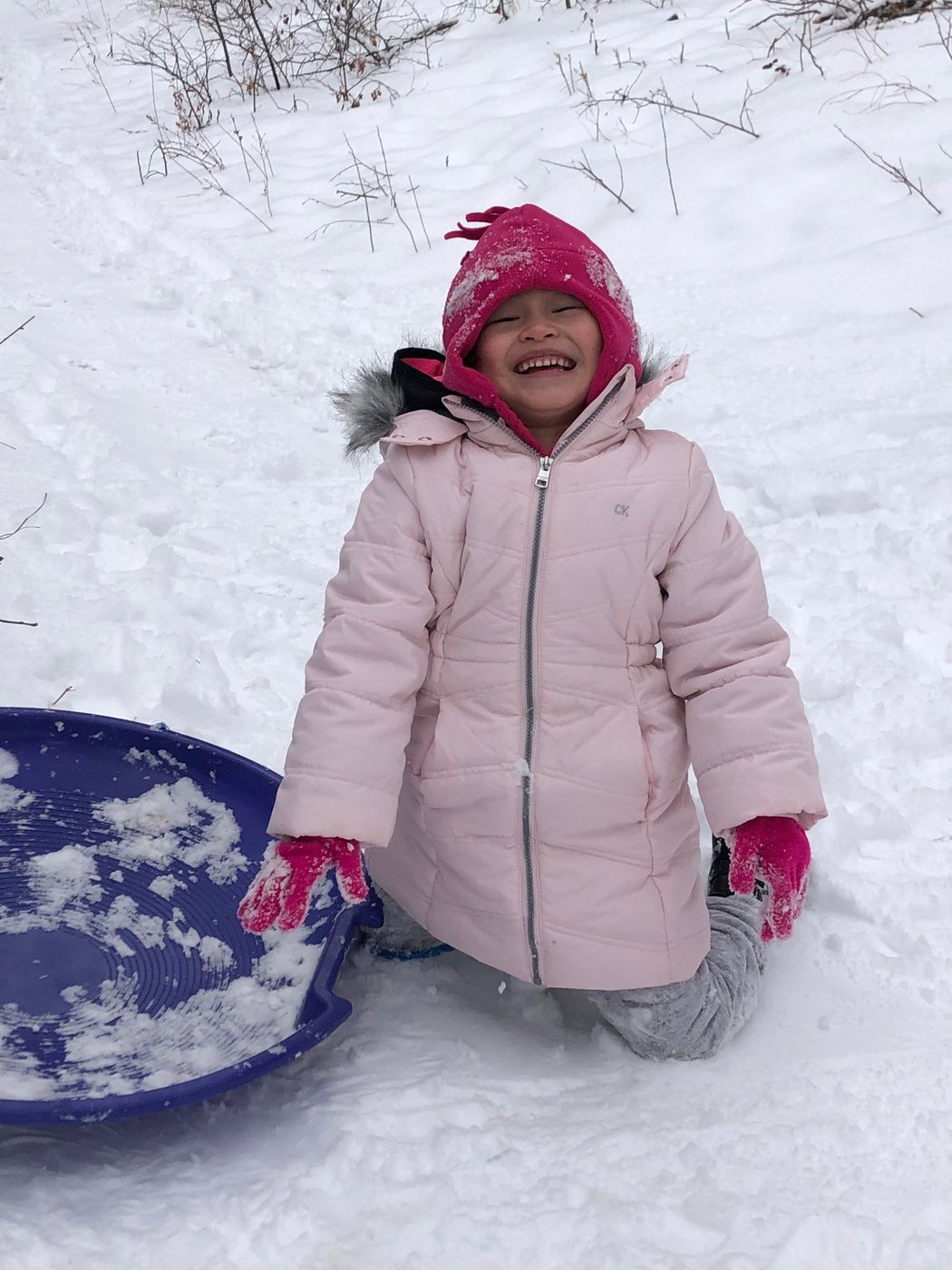 A laughing child in a pink coat kneels in the snow beside a purple saucer sled
